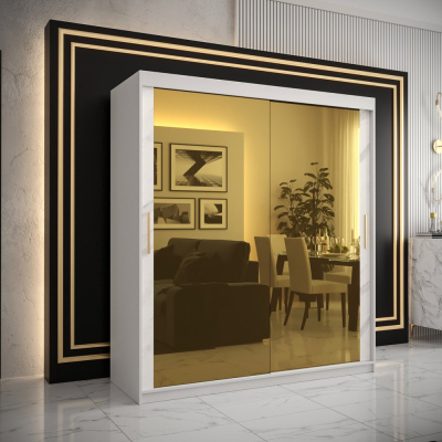 Designová šatní skříň se zlatým zrcadlem MADLA 3 - šířka 180 cm, bílá