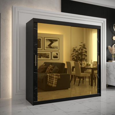Designová šatní skříň se zlatým zrcadlem MADLA 3 - šířka 200 cm, černá