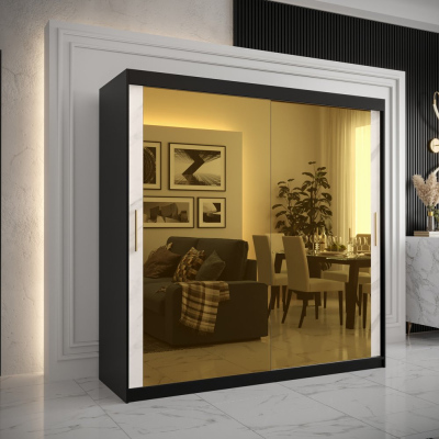 Designová šatní skříň se zlatým zrcadlem MADLA 3 - šířka 200 cm, černá / bílá