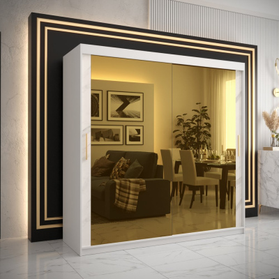 Designová šatní skříň se zlatým zrcadlem MADLA 3 - šířka 200 cm, bílá
