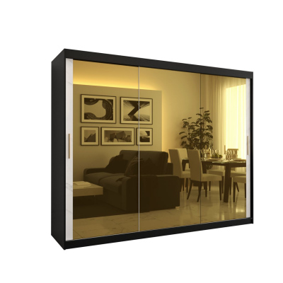 Designová šatní skříň se zlatým zrcadlem MADLA 3 - šířka 250 cm, černá / bílá