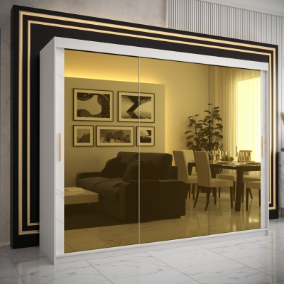 Designová šatní skříň se zlatým zrcadlem MADLA 3 - šířka 250 cm, bílá