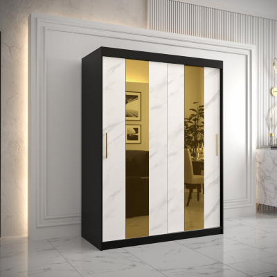 Designová šatní skříň se zlatým zrcadlem MADLA 4 - šířka 150 cm, černá / bílá