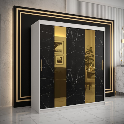 Designová šatní skříň se zlatým zrcadlem MADLA 4 - šířka 180 cm, bílá / černá