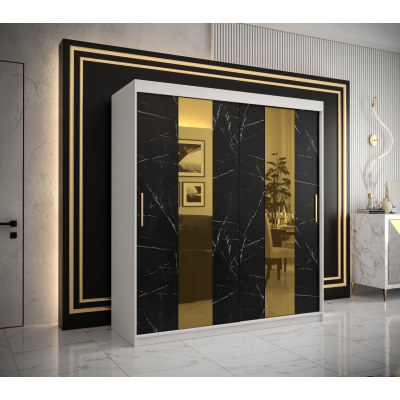Designová šatní skříň se zlatým zrcadlem MADLA 4 - šířka 180 cm, bílá / černá