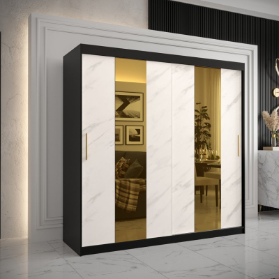 Designová šatní skříň se zlatým zrcadlem MADLA 4 - šířka 200 cm, černá / bílá