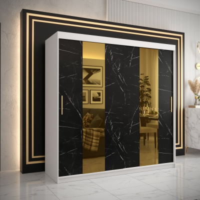 Designová šatní skříň se zlatým zrcadlem MADLA 4 - šířka 200 cm, bílá / černá