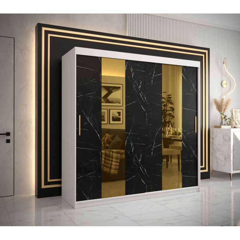 Designová šatní skříň se zlatým zrcadlem MADLA 4 - šířka 200 cm, bílá / černá