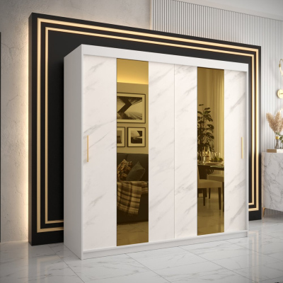 Designová šatní skříň se zlatým zrcadlem MADLA 4 - šířka 200 cm, bílá