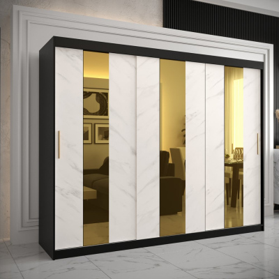 Designová šatní skříň se zlatým zrcadlem MADLA 4 - šířka 250 cm, černá / bílá