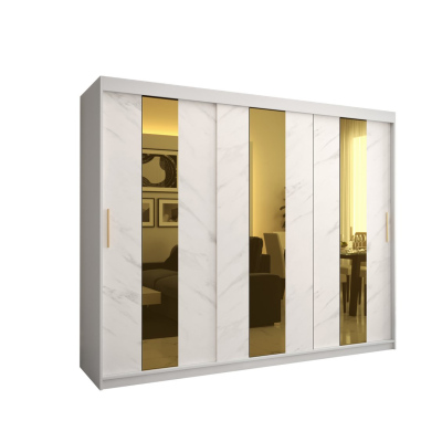 Designová šatní skříň se zlatým zrcadlem MADLA 4 - šířka 250 cm, bílá