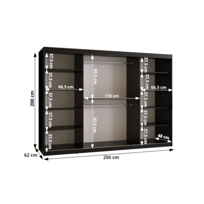 Prostorná šatní skříň s posuvnými dveřmi MARIEM 1 - šířka 250 cm, černá