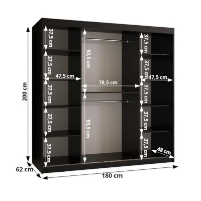 Prostorná šatní skříň MELINA 2 - šířka 180 cm, černá