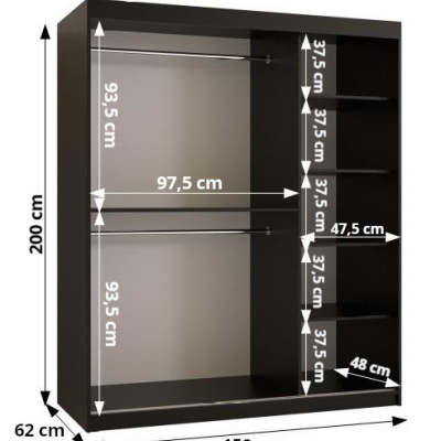Praktická šatní skříň RADOLA 1 - šířka 150 cm, bílá / černá