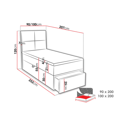 Jednolůžková boxspringová postel 90x200 LUGAU - černá, levé provedení + topper ZDARMA