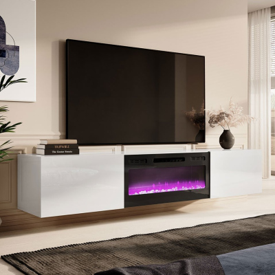 Závěsný TV stolek s elektrickým krbem TOKA  - bílý / lesklý bílý