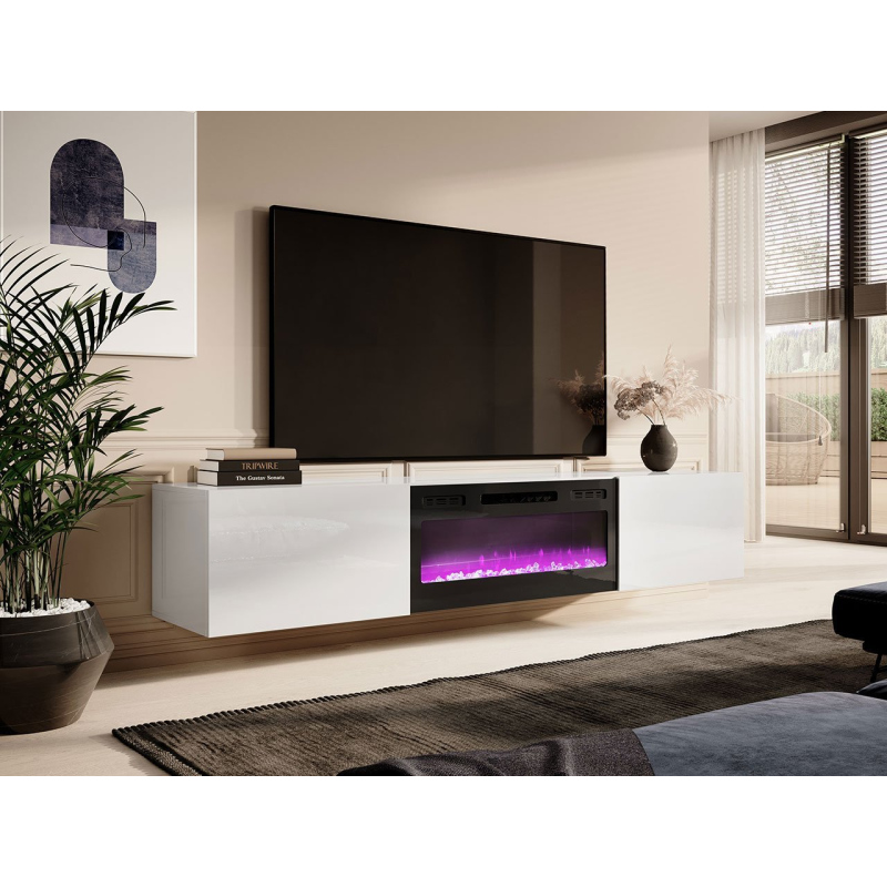 Závěsný TV stolek s elektrickým krbem TOKA  - bílý / lesklý bílý