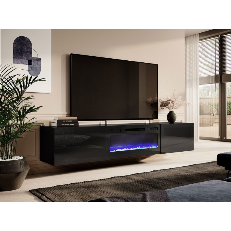 Závěsný TV stolek s elektrickým krbem TOKA  - černý / lesklý černý