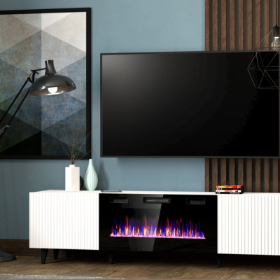 Televizní stolek s elektrickým krbem CRATO - černý / bílý