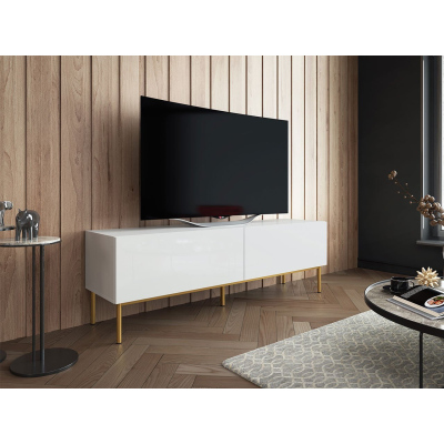 TV stolek TOKA - 150cm, lesklý bílý / zlatý
