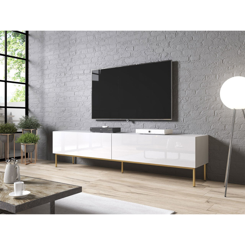 TV stolek TOKA - 200cm, lesklý bílý / zlatý