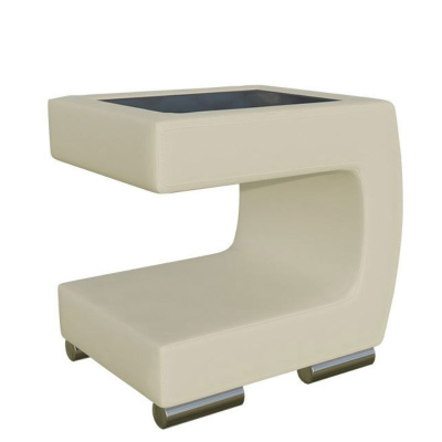 Noční stolek NELIA - béžová ekokůže + černé sklo, pravé provedení