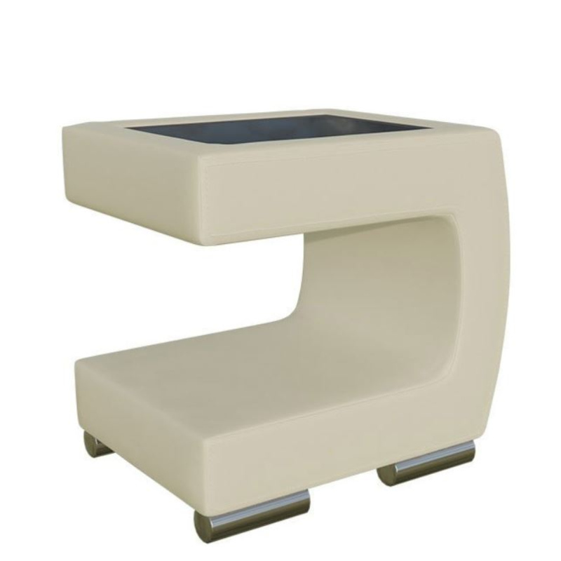 Noční stolek NELIA - béžová ekokůže + černé sklo, pravé provedení