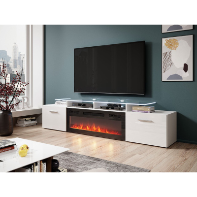 TV stolek s elektrickým krbem OKEMIA - bílý / lesklý bílý + LED osvětlení ZDARMA
