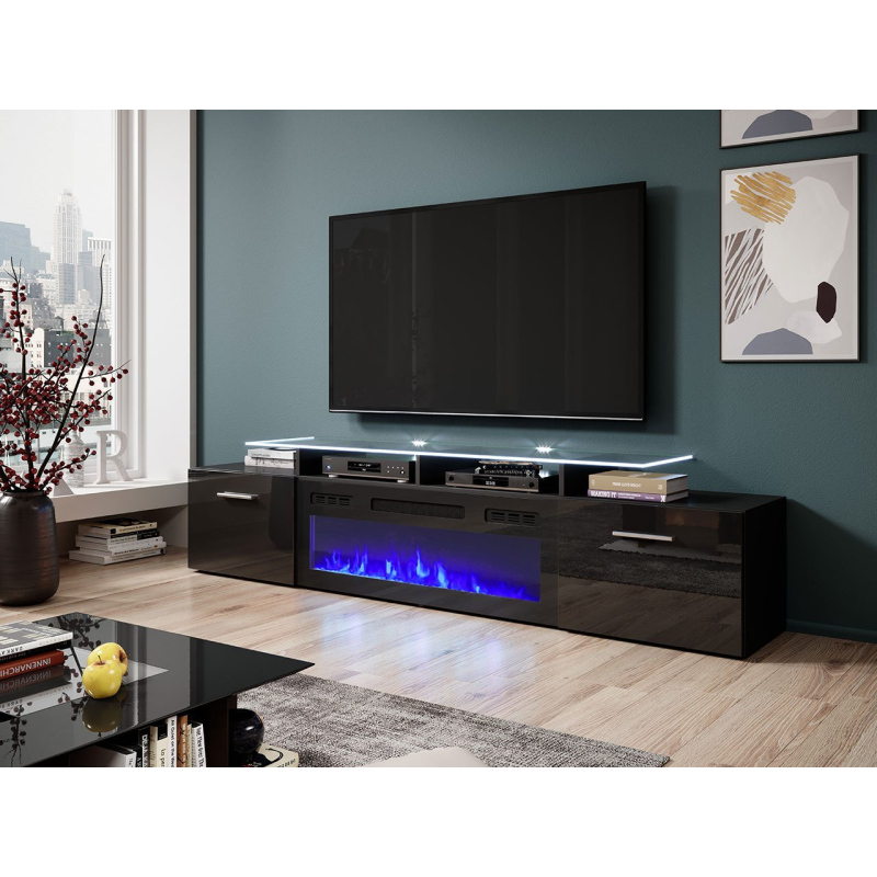 TV stolek s elektrickým krbem OKEMIA - černý / lesklý černý + LED osvětlení ZDARMA