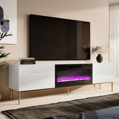 TV stolek s elektrickým krbem TOKA - lesklý bílý / zlatý