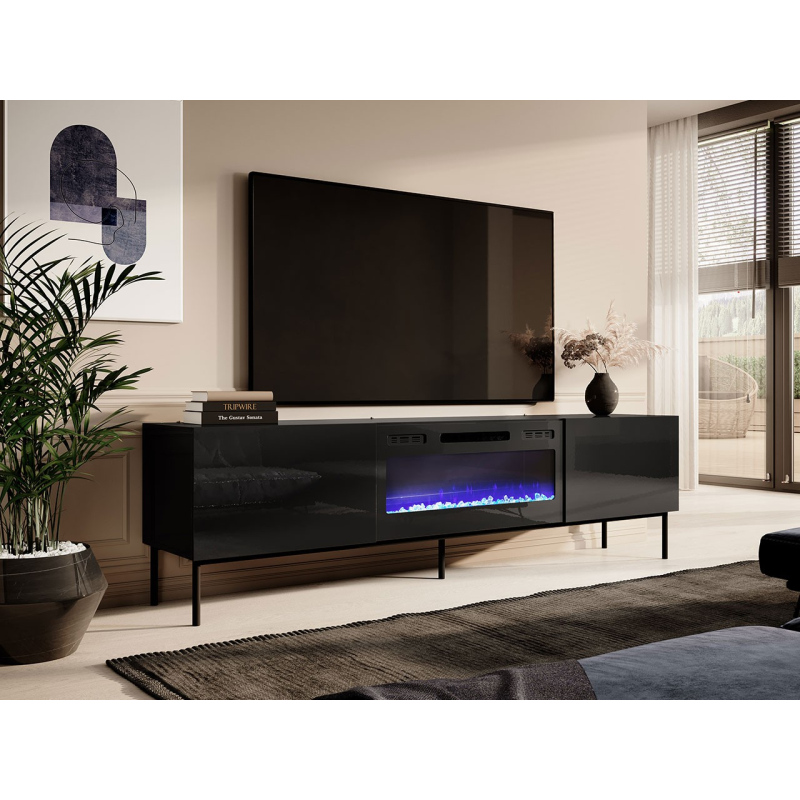 TV stolek s elektrickým krbem TOKA - lesklý černý / černý