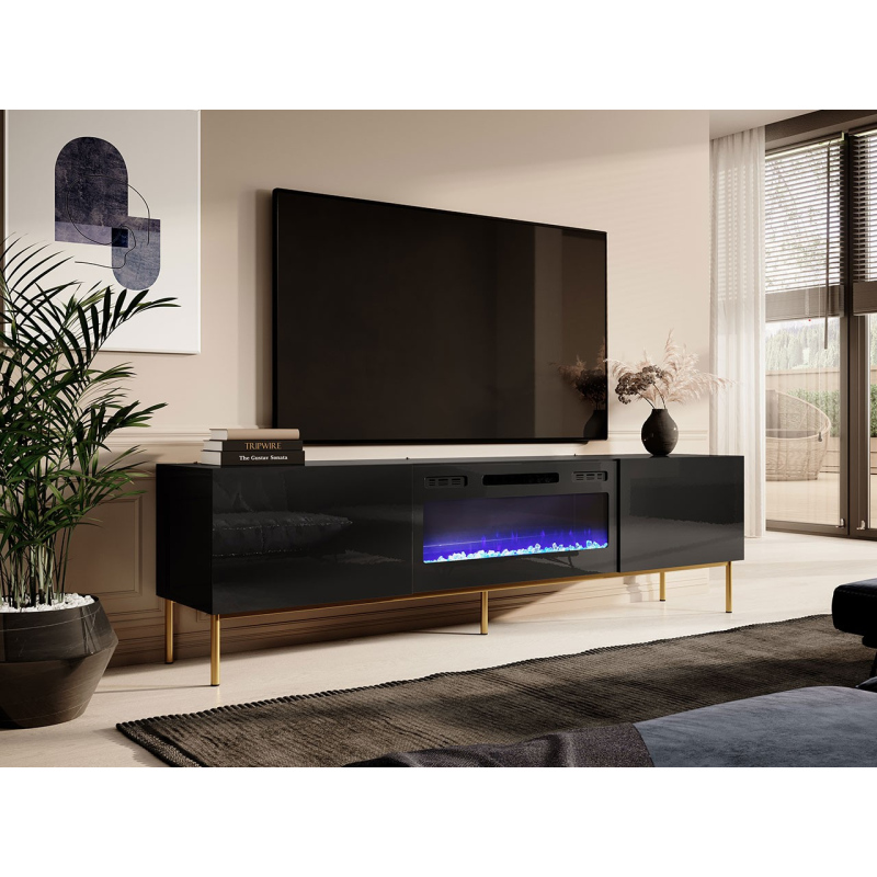 TV stolek s elektrickým krbem TOKA - lesklý černý / zlatý