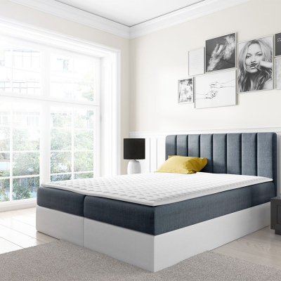 Kontinentální manželská postel 200x200 VICTORO - bílá ekokůže / modrá + topper ZDARMA