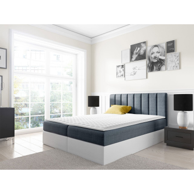 Kontinentální manželská postel 200x200 VICTORO - bílá ekokůže / modrá + topper ZDARMA