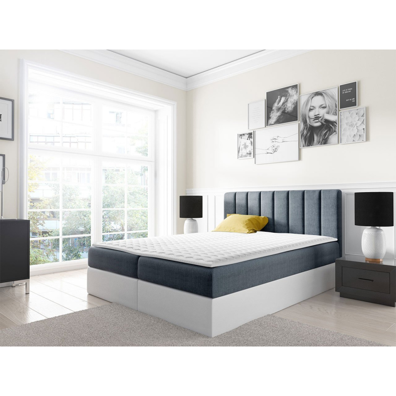 Kontinentální manželská postel 140x200 VICTORO - bílá ekokůže / modrá + topper ZDARMA