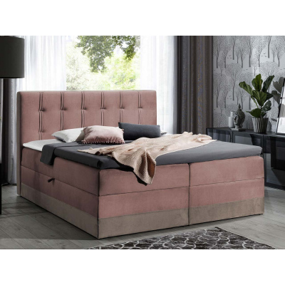 Boxspringová manželská postel 200x200 SANDIA - růžová / hnědá + topper ZDARMA