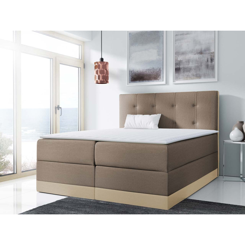 Boxspringová manželská postel 140x200 SANDIA - béžová / hnědá + topper ZDARMA
