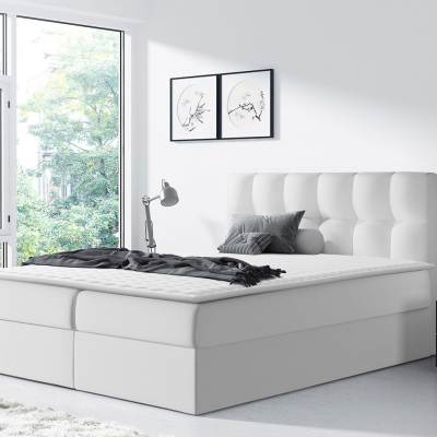 Hotelová manželská postel 140x200 KOLDBY - bílá ekokůže + topper ZDARMA