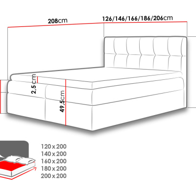 Hotelová manželská postel 200x200 KOLDBY - světlá šedá + topper ZDARMA