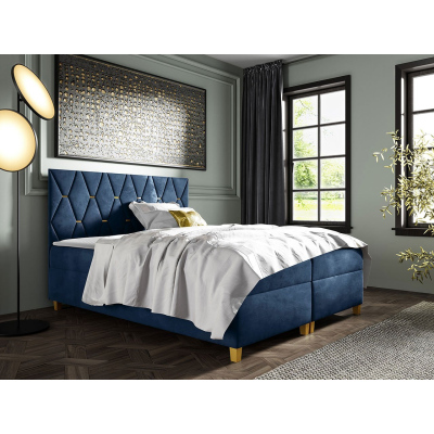 Boxspringová dvoulůžková postel 160x200 LUELA - modrá + topper ZDARMA