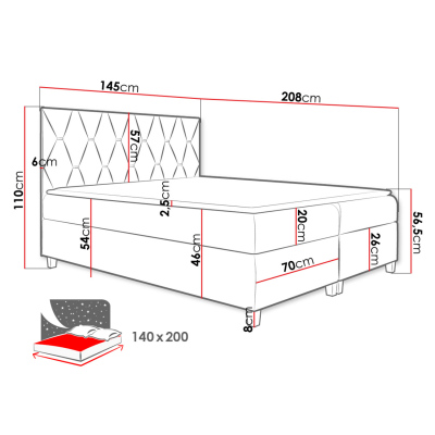 Boxspringová dvoulůžková postel 180x200 LUELA - červená + topper ZDARMA