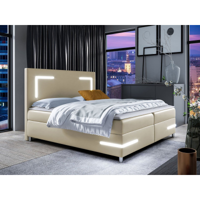 Boxspringová manželská postel 200x200 MADENA - béžová ekokůže + topper a LED osvětlení ZDARMA