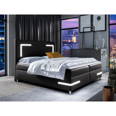 Boxspringová manželská postel 200x200 MADENA - černá ekokůže + topper a LED osvětlení ZDARMA