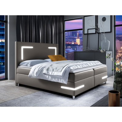 Boxspringová manželská postel 200x200 MADENA - šedá ekokůže + topper a LED osvětlení ZDARMA