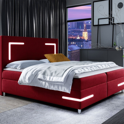 Boxspringová manželská postel 200x200 MADENA - červená + topper a LED osvětlení ZDARMA