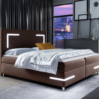 Boxspringová manželská postel 200x200 MADENA - hnědá + topper a LED osvětlení ZDARMA