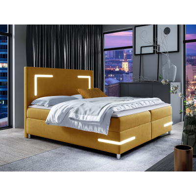 Boxspringová manželská postel 200x200 MADENA - žlutá + topper a LED osvětlení ZDARMA