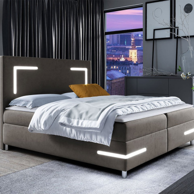 Boxspringová manželská postel 200x200 MADENA - šedá + topper a LED osvětlení ZDARMA
