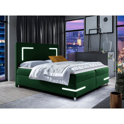 Boxspringová manželská postel 200x200 MADENA - zelená + topper a LED osvětlení ZDARMA