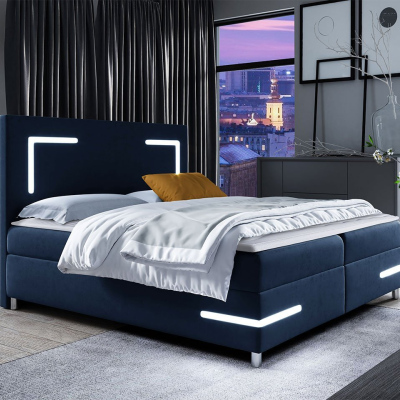 Boxspringová manželská postel 200x200 MADENA - modrá + topper a LED osvětlení ZDARMA